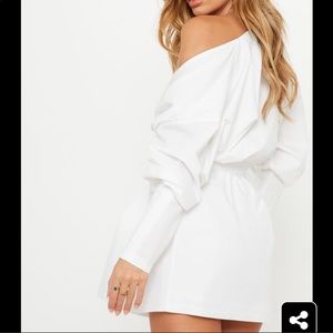 white plunge ruched shirt dress